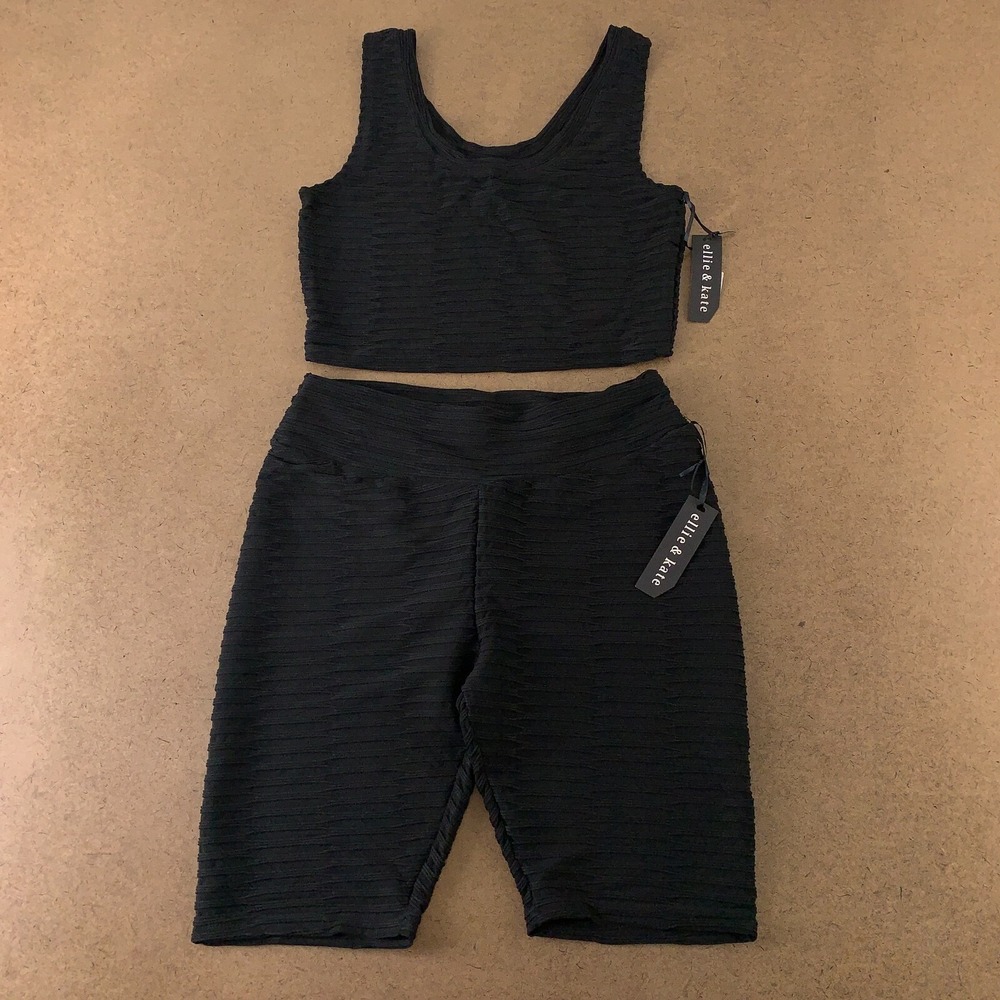 Ellie & Kate Women's Size XL Black Ribbed Knit Cropped Top & Bike Short Set NWT